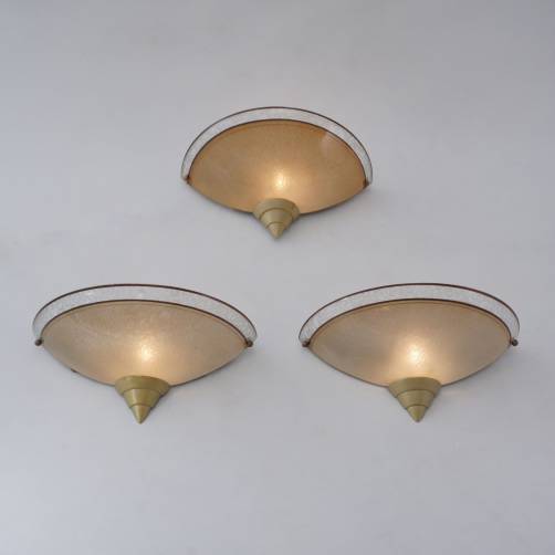 Art Deco demilune sconces/wall lights by Berry`s London, glass, set of 3, 1930`s ca, English